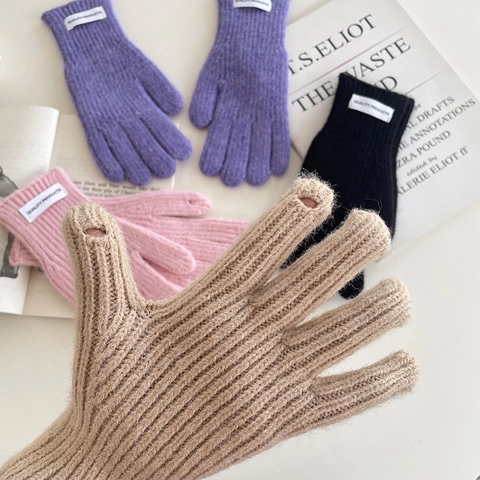 Kids Winter Cashmere Knit Gloves Solid Color Thickened Warm Full Finger Mittens With Quality Products Label For Boys Girls