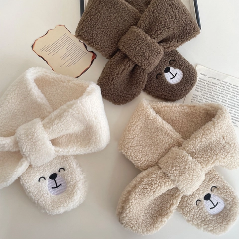 Simpatici Accessori Invernali Bambini con Ricamo a Orsetto Sciarpa a Incrocio e Guanti con Cordino in Pile di Sherpa