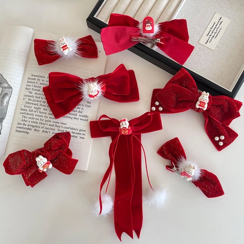 Barrette Cheveux Nœud Velours Rouge Enfants Lapin Pompon Gland Accessoires Cheveux Style Chinois Filles