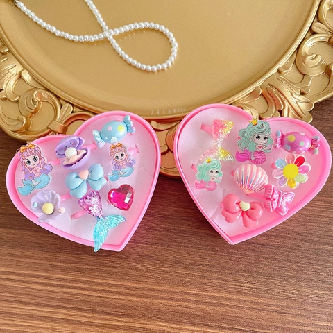 Anneaux de Princesse Sirène de Dessin Animé pour Enfants Bijoux Réglables en Plastique de Résine Avec Boîte de Cadeau en Forme de Coeur Rose Bleu Violet Accessoire