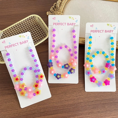 Dulce Joyería Coreana de Cuentas de Flores para Niñas Plástico Resina Color Macarrón Gelatina Collar Y Pulsera Joyería de Regalo