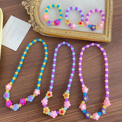 Dulce Joyería Coreana de Cuentas de Flores para Niñas Plástico Resina Color Macarrón Gelatina Collar Y Pulsera Joyería de Regalo