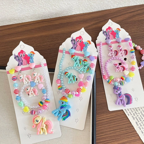 Bijoux En Perles Poney Dessin Animé Pour Filles Résine Plastique Collier Bracelet Boucles d'Oreilles Clip Bague Princesse