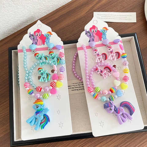 Bijoux En Perles Poney Dessin Animé Pour Filles Résine Plastique Collier Bracelet Boucles d'Oreilles Clip Bague Princesse