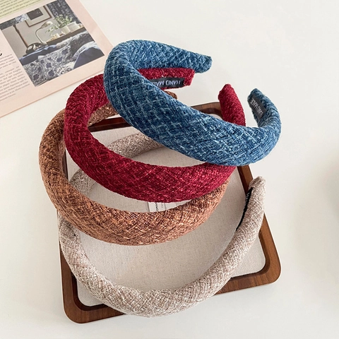 Tweed Padded Headband For Women Vintage Wide Braided Hair Hoop Solid Color Sponge Filled Hairband Handmade Headpiece