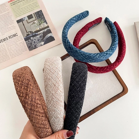Tweed Padded Headband For Women Vintage Wide Braided Hair Hoop Solid Color Sponge Filled Hairband Handmade Headpiece