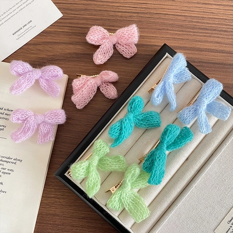 Handmade Knitted Woolen Bow Hair Clips Sweet Korean Style Macaron Color Bowknot Hairpins For Kids Girls Hair Accessories