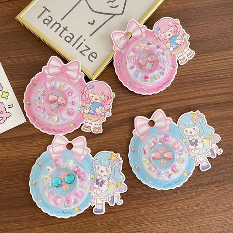 Kit Faux Ongles Autocollants Enfant Dessin Animé Princesse Fruits Animaux Avec Ornements en Résine Cadeau Beauté Fille