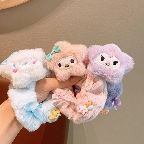 Cartoon Character Plush Hair Scrunchies Cute Faux Fur Elastic Hair Bands With Bowknot Kawaii Polyester Hair Ties For Girls Daily Styling