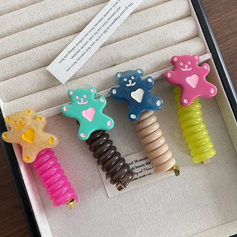 Koreaanse Stijl Schattige Cartoon Beer Spiraal Haarelastiekjes Voor Dames Meisjes Kleurrijke Hart Patroon Telefoonkabel Elastische Haarbanden Mode Haaraccessoires