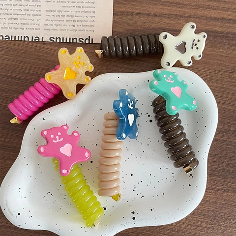 Koreaanse Stijl Schattige Cartoon Beer Spiraal Haarelastiekjes Voor Dames Meisjes Kleurrijke Hart Patroon Telefoonkabel Elastische Haarbanden Mode Haaraccessoires