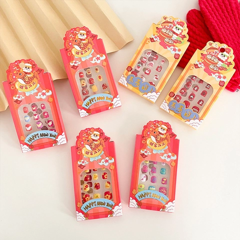 Kids Press On Nails New Year Theme Cute Cartoon Design Red Gold Artificial Nail Stickers Set For Girls Festive Party Decorations