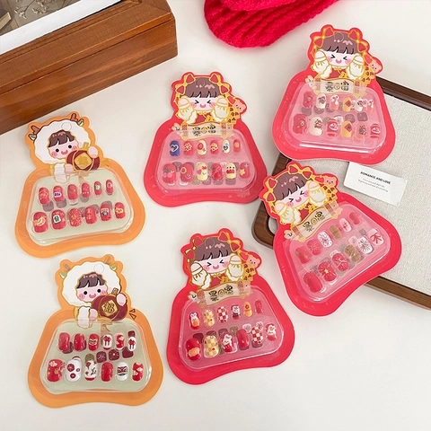 New Year Cartoon Press On Nails Set For Kids Women Lucky Red Golden Lucky Pattern Cute Fake Nails Art Decorations Gift