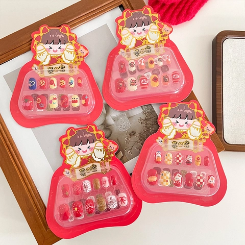 New Year Cartoon Press On Nails Set For Kids Women Lucky Red Golden Lucky Pattern Cute Fake Nails Art Decorations Gift