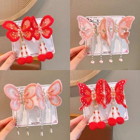Pinzas para el Cabello Estilo Chino para Niñas Mariposa Roja Pez Dorado Bordado Horquillas con Borlas Accesorios de Año Nuevo