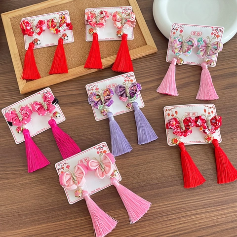 Pinces À Cheveux Papillon À Glands De Style Chinois Traditionnel Pour Filles Épingles À Cheveux En Tissu Floral Faites À La Main Vintage