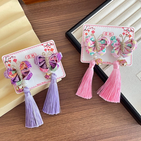 Pinces À Cheveux Papillon À Glands De Style Chinois Traditionnel Pour Filles Épingles À Cheveux En Tissu Floral Faites À La Main Vintage