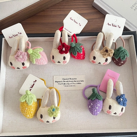 Kinderen Schattige Cartoon Konijn Aardbei Haarelastiekjes Hoge Elasticiteit Gebreide Haaraccessoires Voor Meisjes Handgemaakte Ponytail Holder