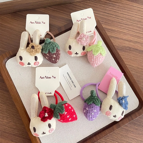 Kinderen Schattige Cartoon Konijn Aardbei Haarelastiekjes Hoge Elasticiteit Gebreide Haaraccessoires Voor Meisjes Handgemaakte Ponytail Holder
