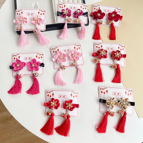 Vintage Chinese Style Floral Hair Clips With Long Tassels Artificial Pearls Handmade Satin Fabric Hairpins For Kids Girls Hanfu Accessories