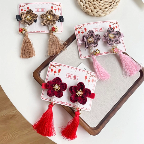 Vintage Chinese Style Floral Hair Clips With Long Tassels Artificial Pearls Handmade Satin Fabric Hairpins For Kids Girls Hanfu Accessories