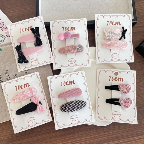 Korean Style Pink Fabric Hair Clips Cute Girls Sweet Tweed Bow Heart Houndstooth BB Hairpins Handmade Hair Accessories