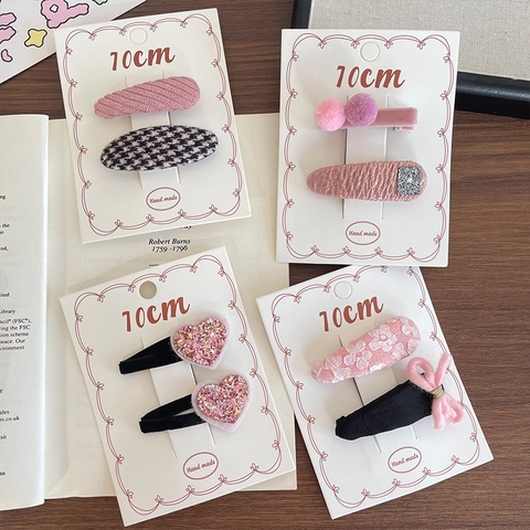 Korean Style Pink Fabric Hair Clips Cute Girls Sweet Tweed Bow Heart Houndstooth BB Hairpins Handmade Hair Accessories