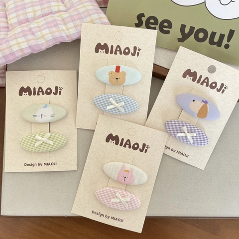 Barrettes à Cheveux en Tissu Animal Ours Dessin Animé pour Filles Nœud Vichy Fait Main Élastiques Accessori