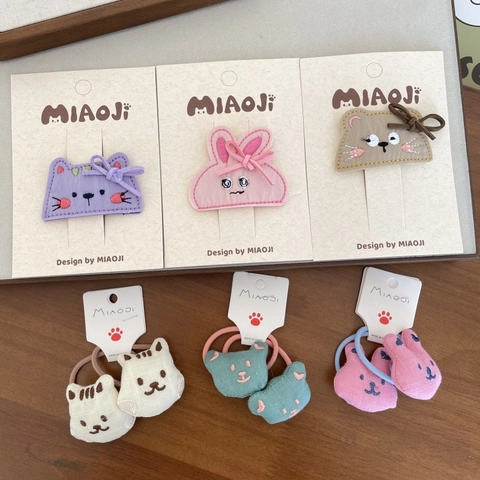 Conjunto de Pinzas y Gomas para el Cabello de Animales de Dibujos Animados para Niños Accesorios de Tela Bordada para Niñas Estilo Gato Conejo Oso