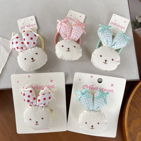 Accessori per Capelli Fatti a Mano Con Coniglio 3D in Tessuto Molletta e Elastico per Ragazze Bambini Fantasia Floreale a Quadretti Pois