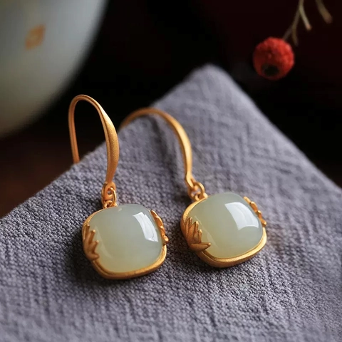 Vintage Oriental Square Jade Drop Earrings With 925 Sterling Silver Earring Post Gold Plated Bamboo Dangle Jewelry Women