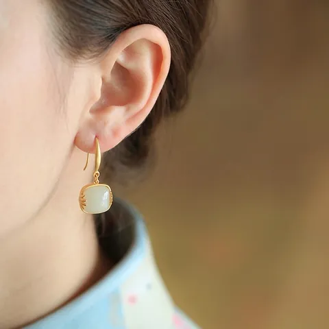 Vintage Oriental Square Jade Drop Earrings With 925 Sterling Silver Earring Post Gold Plated Bamboo Dangle Jewelry Women