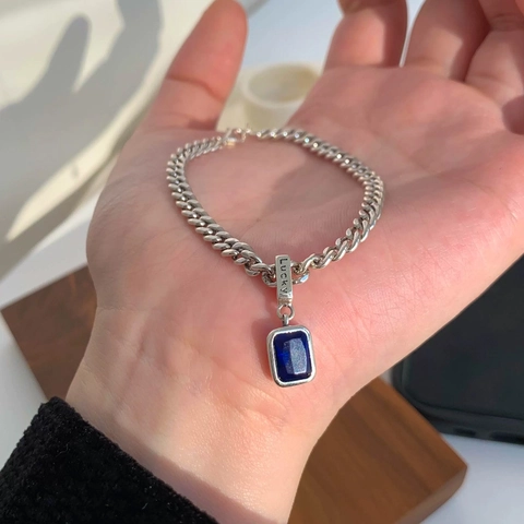 Vintage Orecchini a Braccialetto Collana con Ciondolo Rettangolare in Zirconia Blu Catena Cubana per Donna Gioielli Lucky