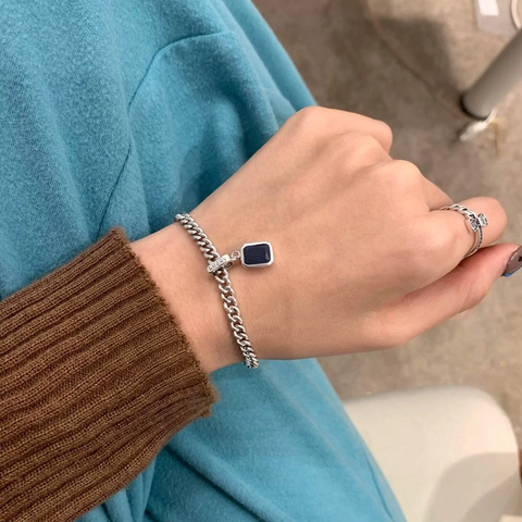 Vintage Orecchini a Braccialetto Collana con Ciondolo Rettangolare in Zirconia Blu Catena Cubana per Donna Gioielli Lucky