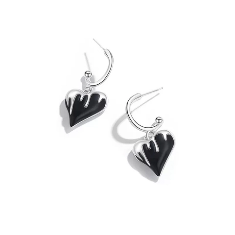 Orecchini a Bottone a Cuore Nero Fuso Punk Gothic Design in Metallo Liquido Rame Con Perno in Argento Sterling 925 Donna