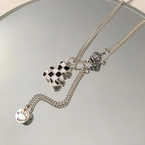 Collana con Pendente a Forma di Orso a Scacchiera per Donna Rame Placcato Argento Thai Corona Lucky Star Gioielli di Moda
