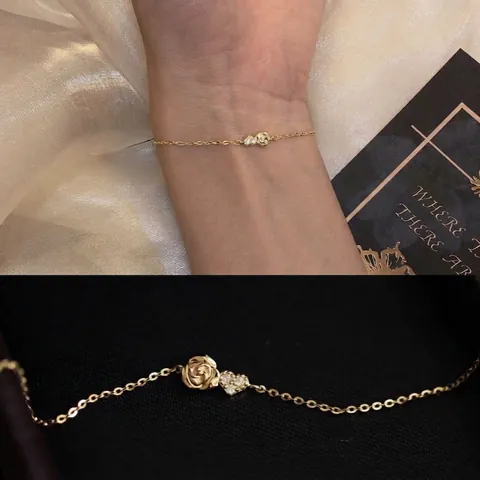 Copper Gold Plated Rose Flower Heart Pendant Bracelet For Women Elegant Dainty Jewelry 925 Silver Clasp Rhinestone Inlaid