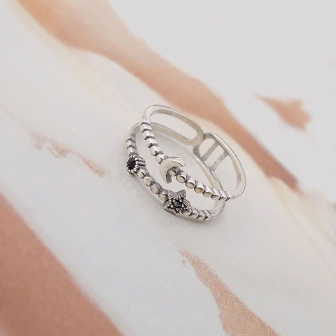 Vintage Copper Zirconia Double Layer Star Moon Open Ring For Women Adjustable Retro Thai Silver Style Fashion Finger Ring