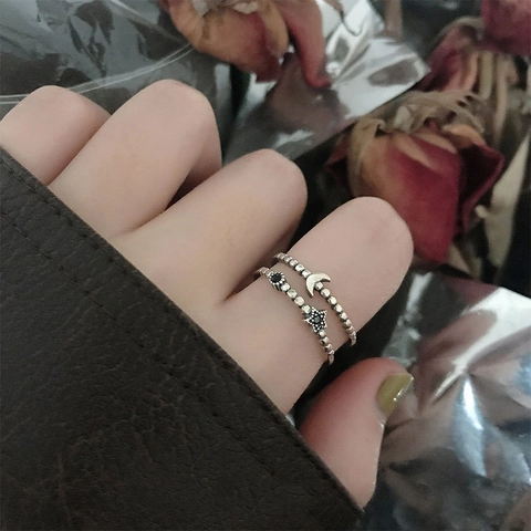 Vintage Copper Zirconia Double Layer Star Moon Open Ring For Women Adjustable Retro Thai Silver Style Fashion Finger Ring
