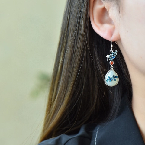 Orecchini Pendenti Vintage in Stile Cinese Fiore Giada He Tian Con Perno in Argento Sterling 925 Farfalla Smaltata Gioielli
