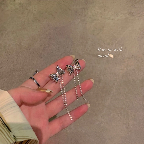 Elegant Copper White Gold Plated Bowknot Long Tassel Drop Earrings With 925 Sterling Silver Earring Post Women Jewelry