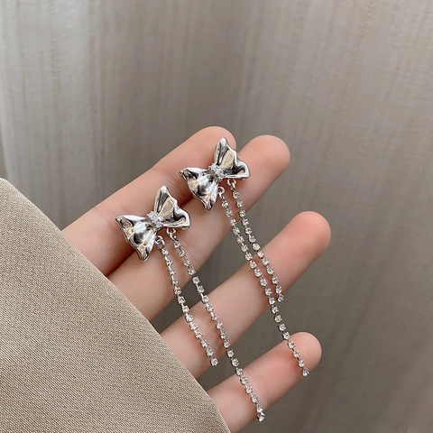 Elegant Copper White Gold Plated Bowknot Long Tassel Drop Earrings With 925 Sterling Silver Earring Post Women Jewelry