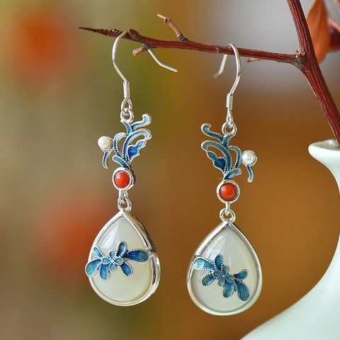 Orecchini Pendenti Vintage in Stile Cinese Fiore Giada He Tian Con Perno in Argento Sterling 925 Farfalla Smaltata Gioielli