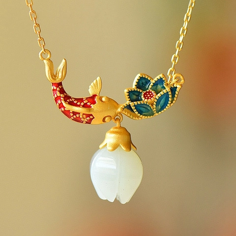 Collana con Pendente Loto Pesce Koi Stile Cinese Vintage per Donna Rame Placcato Oro Giada Artificiale Smalto Gioielli Fortunati