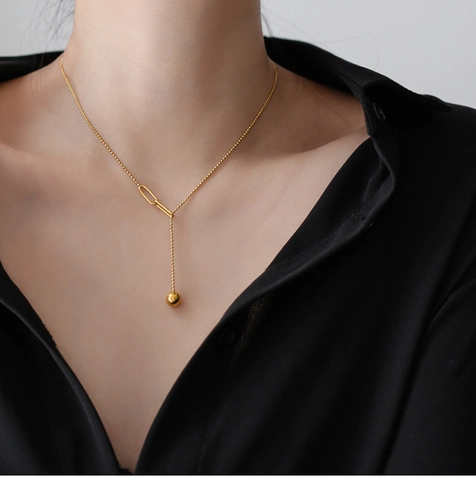 Retro Stainless Steel Necklace Gold Plating Minimalist Bead Chain Paperclip Link Solid Round Bead Pendant For Women