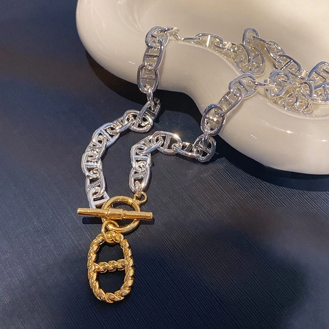 Bicolor Pig Nose Anchor Chain Necklace With Real Gold Plated OT Toggle Clasp Twisted Texture Copper Jewelry For Women
