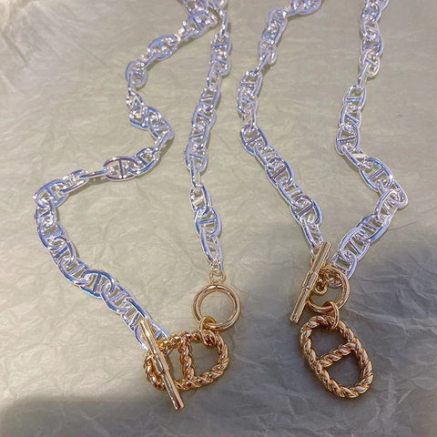 Bicolor Pig Nose Anchor Chain Necklace With Real Gold Plated OT Toggle Clasp Twisted Texture Copper Jewelry For Women
