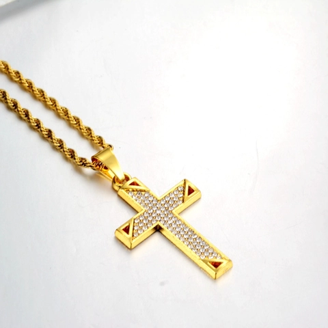 Lussuosa Collana Con Pendentif a Croce in Lega Placcata Oro Stile Hip Hop Con Strass Trasparenti Catena a Corda Gioielli Streetwear Per Uomo Donna