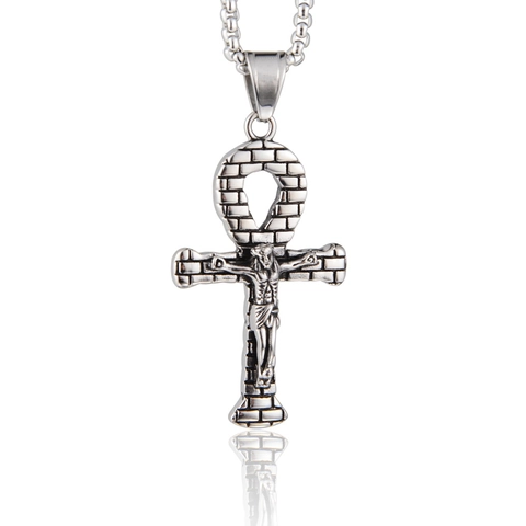 Collana con Ciondolo a Croce Ankh Egiziana in Acciaio Inossidabile Hip Hop Vintage Gesù Crocifisso Gioielli Religiosi per Uomo Donna