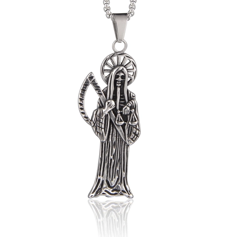 Collana con Pendente Falce della Morte in Acciaio Inossidabile Santa Muerte Scheletro Bilancia Pendente Vintage Hip Hop Gotico